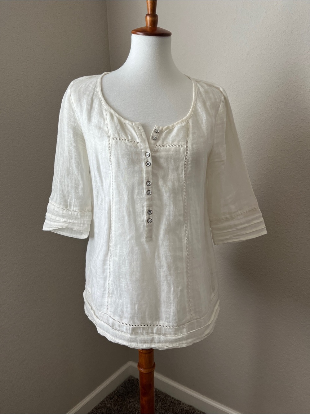 Anthropologie Classic White Linen Button Henley Top